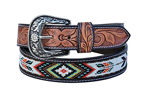 Western Genuine Leather Floral Tooled Beaded Belt For Men and Women 30AB003