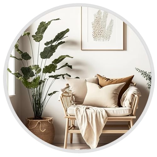 Image of The Arts Box Round Iron Metal Decorative HD Clear Image Wall Mount Round Wall Mirror with Hook for Hanging on Wall for Bedroom, Home Decor, wash Basin, Vanity, Makeup, Bathroom (White 20 Inch)