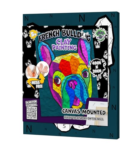 Splat Planet Kit de peinture à l'argile « Bouledogue français » sans dégâts, argile autodurcissante, toile 3D sensorielle, activité créative et ludique pour enfants, pré-encadrée 40 x 30 cm