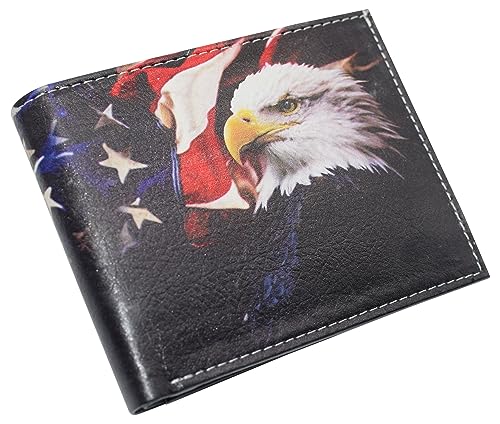 RFID Blocking Printed American Eagle Flag Bifold Leather Wallet with Gift box for men