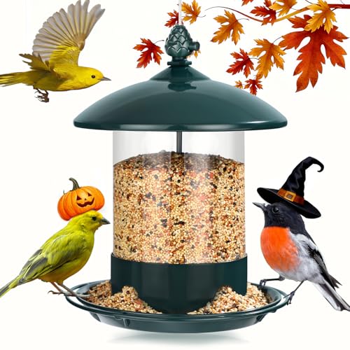 Gbekery Metal Bird Feeders for Outdoors Hanging, Weather Resistant Wild Bird Feeder with 360 Degree Feeding Tray, Green