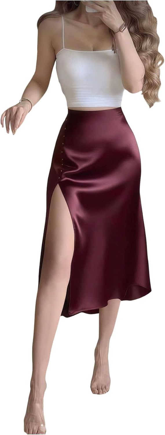 SOLY HUX Women's Satin Side Slit Midi Skirts High Waisted Button Elegant Date Night Skirt