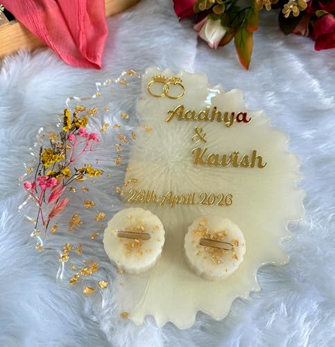 THE BRIDE MADE Personalized Resin Engagement Ring Platter with Ring Ceremony Tray, Peach and Transparent, 10x10 Inch, Handcrafted with Dry Flowers and Golden Chunks, Customizable Plate for Gift