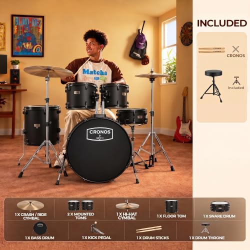 Image of ARCTIC CRONOS 22 inch 5 Piece Acoustic Drum Kit - Black | with Cymbals, Drum Throne, Hardware & Drum Sticks | Complete Drum Set for Beginners, Adults & Professional Drummers