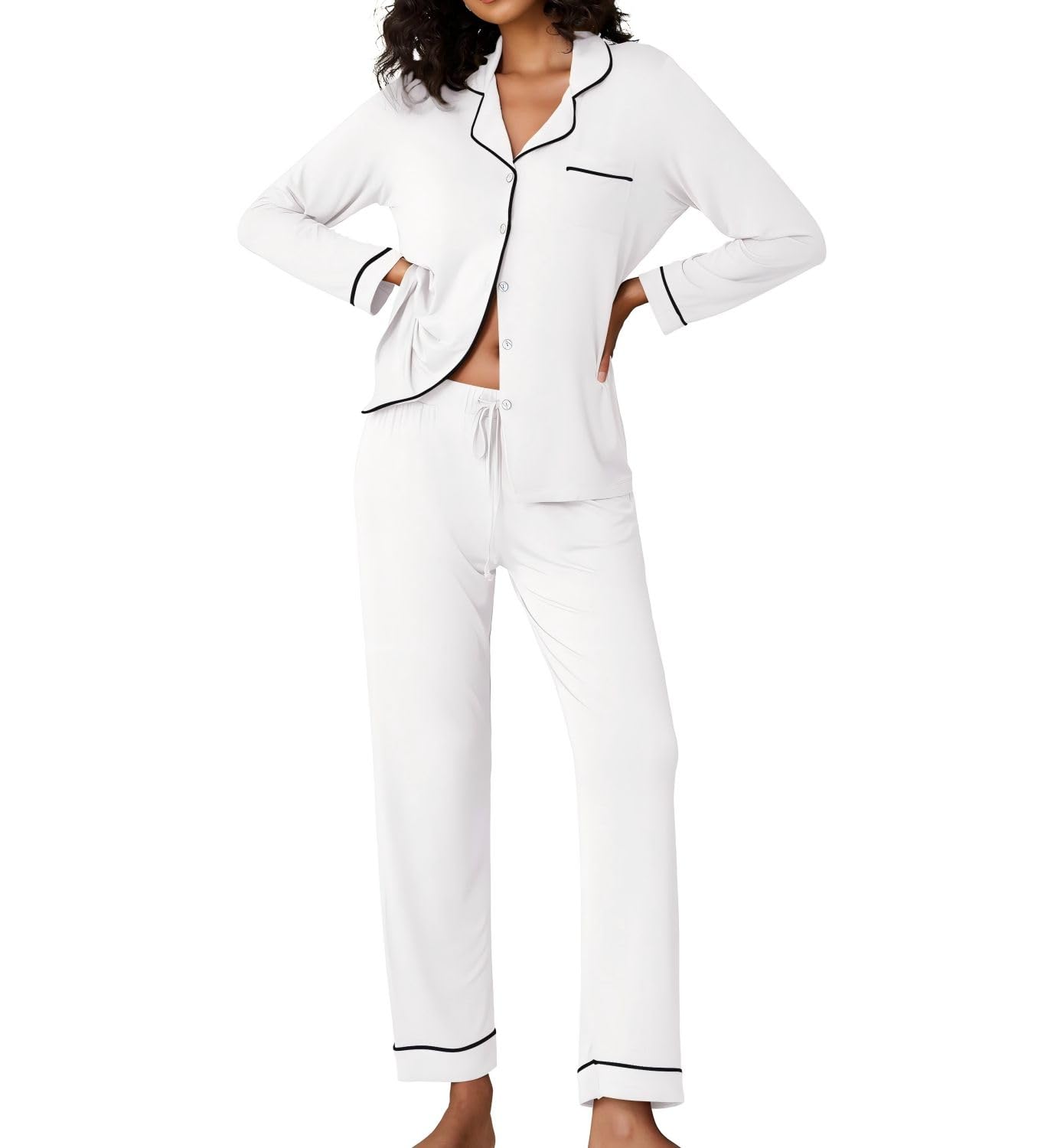 Ekouaer Pigiama Donna Maniche Lunghe Set Pigiama a Due Pezzi con Bottoni Abbigliamento da Notte Morbido Sleepwear Top e Pantaloni Pigiama XS-XXL