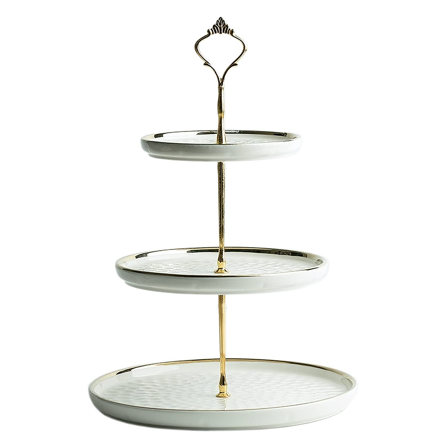 FURN ASPIRE Luxurious Ceramic Three-Layer Fruit Plate, Detachable Serving Trey Dessert Tower for Wedding Birthday Summer Baby Shower Graduation Tea Party. (White 15x20x26 cm 3-Layer Plate- Round)