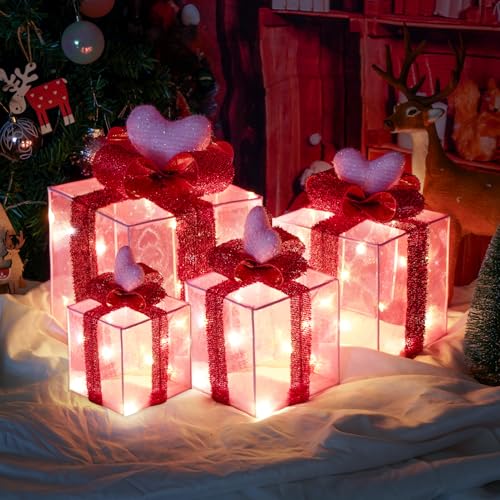 Set of 4 Valentines Day Pink Heart Lighted Gift Boxes,