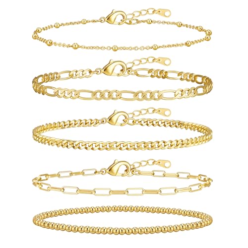 Image of adoyi Gold Bracelets for Women, 14K Gold Plated Stackable Bracelet Stack Set Adjustable Charm Paperclip Chain Cuban Link Layered Waterproof Jewelry Sets Gifts for Womens 6.5 Inch