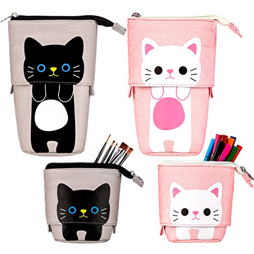 Preisvergleich Produktbild AIEX 2 Stück Teleskop-Federmäppchen Leinwand Niedlich Katze Bleistiftbeutel Stifttaschenhalter Schminktasche für Studenten (Grau, Pink)