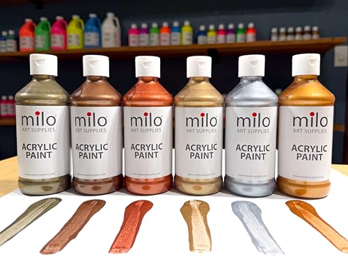 Image of milo Metallic Acrylic Paint Set, 6 Metallic Colors, 4 oz Bottles | Safe and AP Non-Toxic, Made in the USA, Arts & Crafts Paints for Artists, Student & Hobby Painters, Paint Pack, Multi-Media