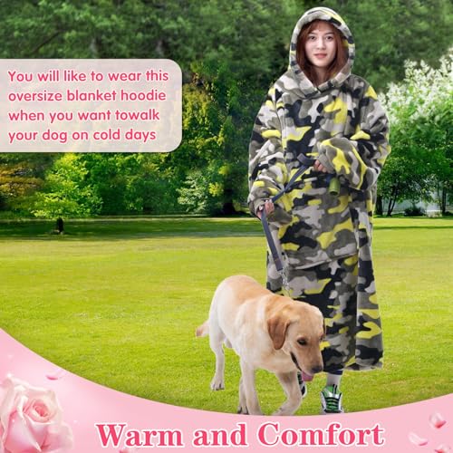 Image of Waitu Wearable Blanket Sweatshirt Gifts for Women and Men, Warm and Cozy Giant Blanket Hoodie, Thick Flannel Blanket with Sleeves and Giant Pocket - Yellow Camo