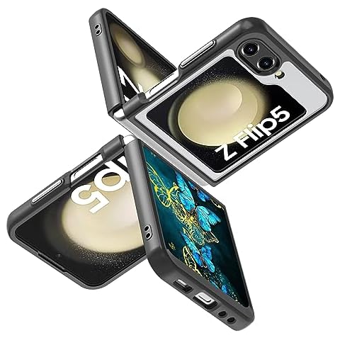NKase for Galaxy Z Flip 5 Case, Samsung Galaxy Z Flip 5 Case Cute Girly Slim Shockproof Protective Case for Samsung Z Flip 5, Gold/Blue Butterfly Cover