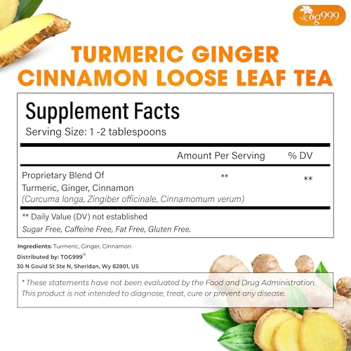 Image of TOG999, Premium 6oz Ginger Turmeric Cinnamon Loose Leaf Herbal Tea - Premium Quality Spiced Herbal Blend - Caffeine-Free, Non-GMO, Natural Dried Roots and Bark. Vegan-Friendly.