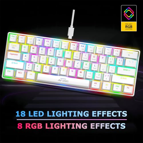 Image of Ant Esports MK1300 V2 60% Wired Mechanical Gaming Keyboard, 61 Keys Compact Mini Software Controlled, RGB Backlit,Hot-Swappable Red Switches, Detachable USB-C, Anti-Ghosting, PC /Mac Compatible - White