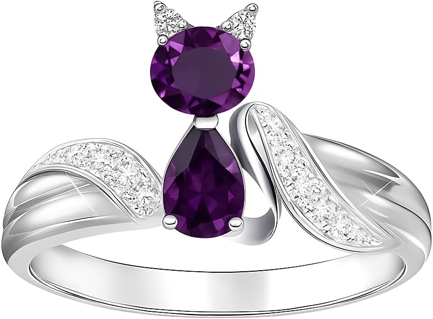 Stainless Steel Purple Crystal Cat Ring with Cubic Zirconia Accents - Glass Ring, Gift for Cat Lovers'