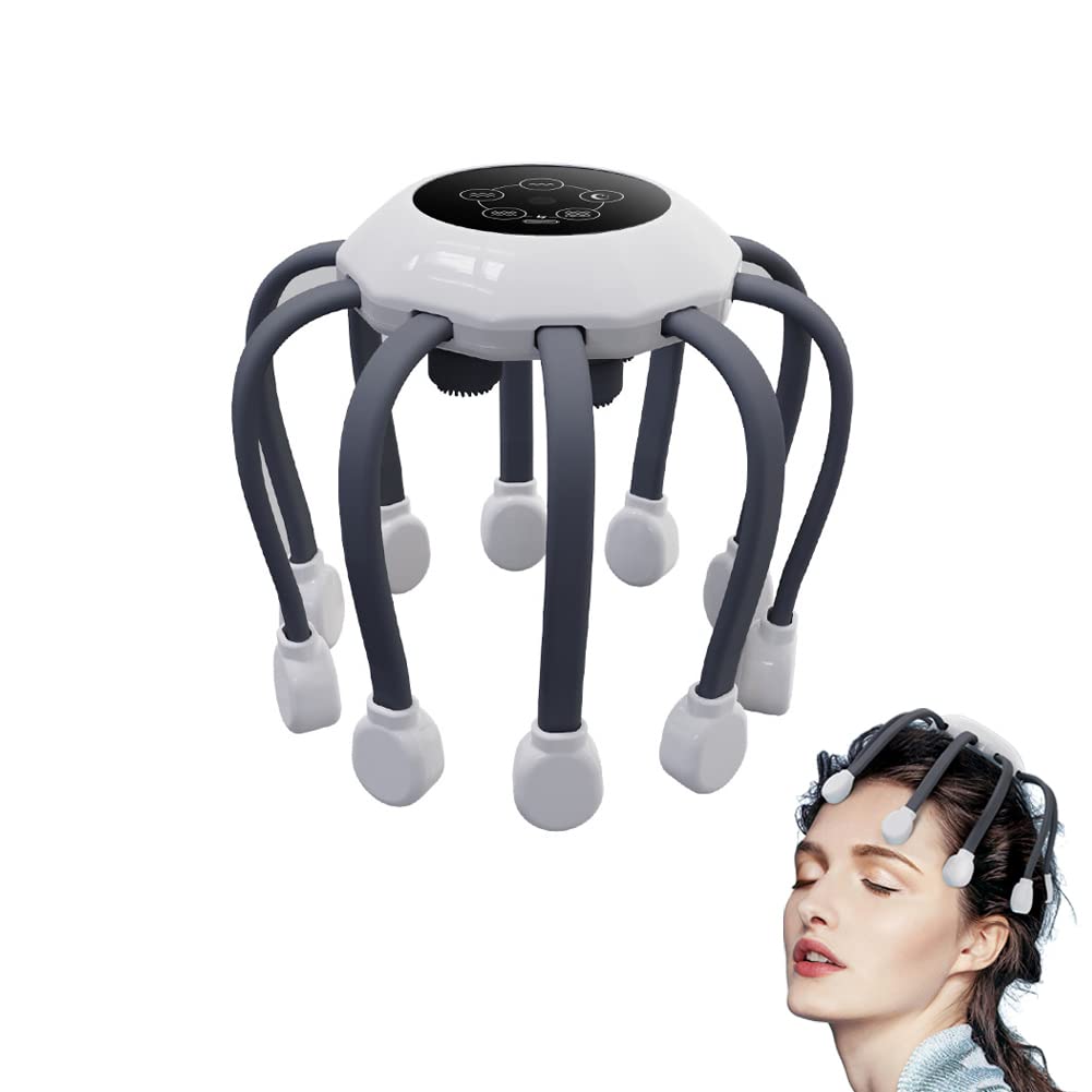 Masseur automatique du cuir chevelu Masseur de tête Octopus avec 14 contacts vibrants, 5 modes, Smart Timing, Masseur électrique de la tête pour soulager les maux de tête (gris)