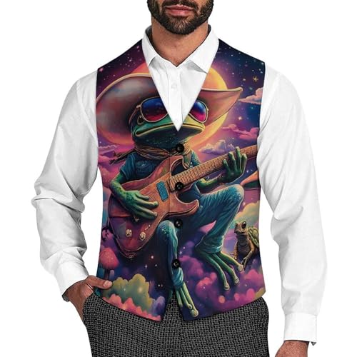 Funny Spaces-Frogs Mushroom Men's Suit Vest Slim Fit Business Dress Party Pattern Waistcoat Vest Top