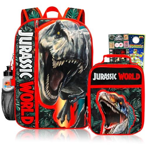 Jurassic Park Backpack with Lunch Box - Bundle with 17 Dinosaur Backpack T-Rex Lunch Bag Water Bottle Stickers More | Jurassic Park School Bag with Lunchbox Set