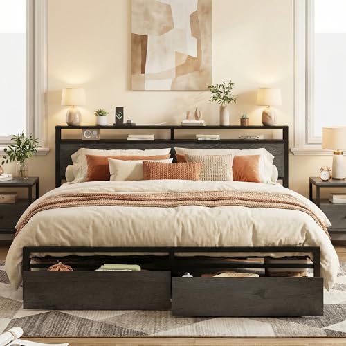 LIKIMIO King Bed Frame with Storage Headboard, Platform Bed with Drawers and Charging Station, No...