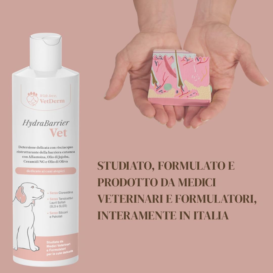 HydraBarrier Vet - Shampoo per Cani con Dermatite Atopica - Antiprurito, Emolliente e Idratante - Senza Alcol, Clorexidina, SLS/SLES e Siliconi - Per Tutte le Razze - 250ml