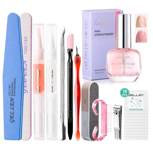 Gellen Nail Care Kit Manicure Tools Kit: Nail Strengthener and 2Pcs Nail File & Buffer 100/180, Cuticle Pusher Pen, Cuticle Oil & Remover, Fork | Nail Clipper & Brush