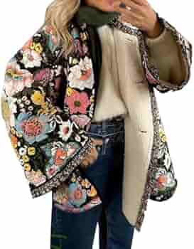 Dames donsjacks voor winter herfst vintage bloem bedrukte losse jas voor vrouwen dikke warme katoenen jas met lange mouwen elegante buitenkleding jassen gewatteerde gevoerde jas dames luchtvaartjas