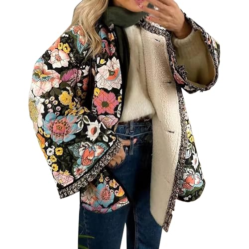 Image of YANFJHV Patchwork Quilted Jacket With Floral Print, Lined Puffer in Boho Style for Autumn, Relaxed Fit Coat, Z01-Red, 3XL