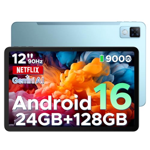 DOOGEE U12 Android 16 Tablet, 12 Inch Tablet, FHD+(2000x1200) 90Hz Large Screen Gaming Tablets, 24GB+128GB (2TB), Gemini AI Octa-Core, 9000mAh/18W, Camera 13+8MP, Widevine L1, 2.4G/5G WiFi,