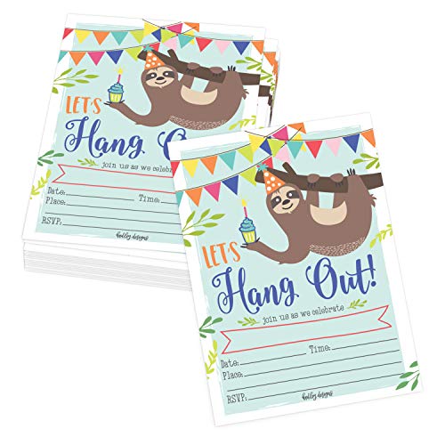 Image of Hadley Designs Kids Birthday Invitations For Boys and Girls Sloth Theme - 25 Sloth Birthday Party Invitations For Boys, Let's Hang Out Invites For Girls, Cute Animal Party Supplies, Made In USA