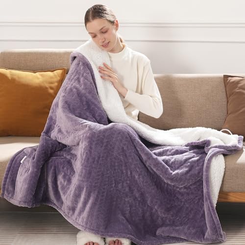 Electric Throw Blanket Heated Throw 50''x60''- Wheat Pattern Flannel & Sherpa Heated Lap Blanket with 5 Heat Settings & 4-Hour Auto Shut-Off, ETL & FCC Certified, Machine Washable Home Use, Lavender