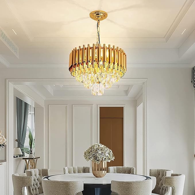 Image of Modern Ceiling Lamp 3-Tier Round Crystal Chandelier for Living Room | Modern Ceiling Light Jhumar for Hall for Home Decoration + 3 Color LED Light (Full Gold, 450MM)