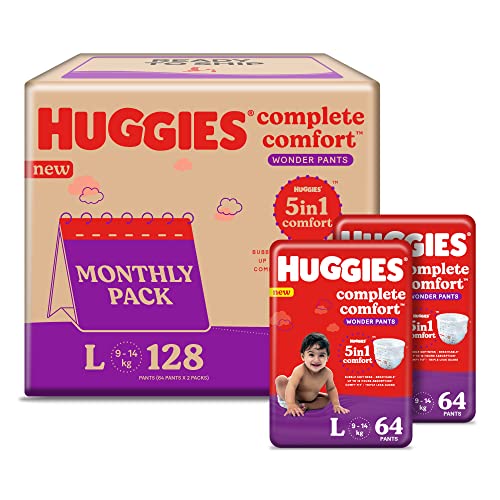 Image of Huggies Complete Comfort Wonder Pants Large (L) Size Baby Diaper Pants Monthly Pack, 128 count, with 5 in 1 Comfort & Mamaearth Deeply nourishing natural baby wash (400 ml, 0-5 Yrs)
