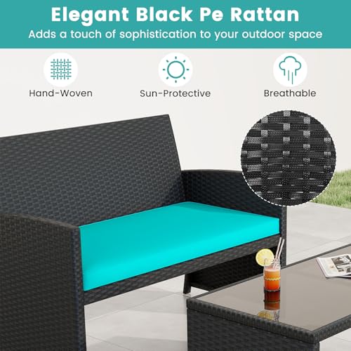 Image of Tangkula 4 Pieces Patio Wicker Furniture Set, Outdoor Heavy Duty Rattan Cushioned Chairs, Loveseat and Tempered Glass Coffee Table, for Backyard, Balcony, Poolside (Turquoised,1)