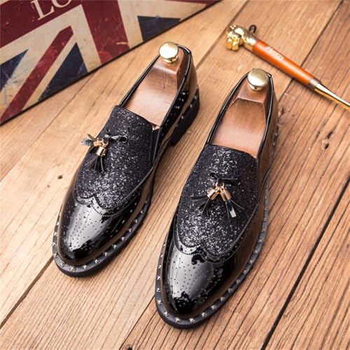 Men's Patent Leather Slip On Sequin Two Tone Rivet Wing Tip Brogue Oxford Shoes Shine Luxury Tassels Low Top Loafers for Party Nightclub Perform Socialize3