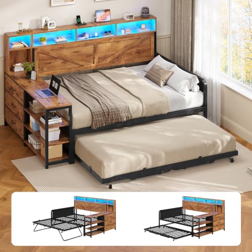 Image of MSmask Daybed with Trundle & 3 Storage Drawers, Full Size DayBed Frame with Headboard & Charging Station, Farmhouse Wooden Bed Frame with LED for Bedroom and Guest Room, Rustic Brown