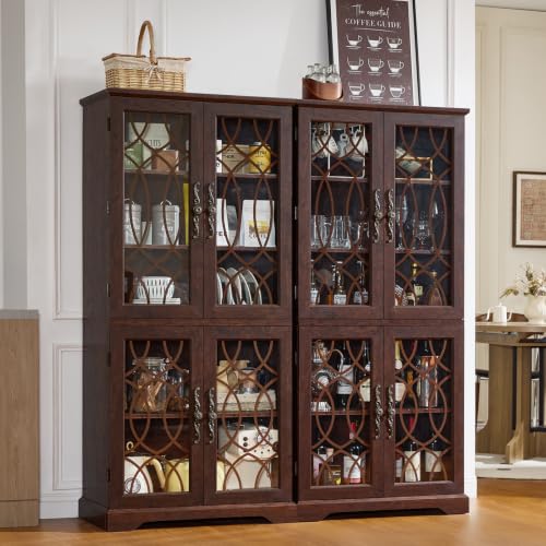 Image of Joaxswe 67 inch Tall Pantry Cabinet Set of 2, Vintage Kitchen Pantries Cabinets with Glass Doors & Adjustable Shelves, Wood Cupboard with Large Storage for Dining Room, Bathroom, Walnut