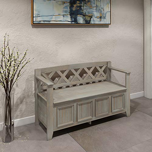 Simpli Home Amherst SOLID WOOD 48 inch Wide Entryway Storage Bench with Safety Hinge, Multifunctional, Transitional, in Distressed Grey