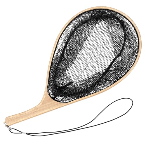 Wooden Fishing Nets - Rubber Fishingnets, Fly Fishing Dipnets, Fishing Nets with Handles (Wooden Curved Handle, Black)
