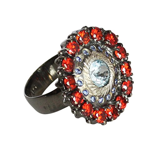 Bague de fiançailles argent massif rhodium noir topaze bleue anti-ternissement