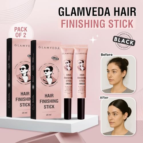 Image of GLAMVEDA Black Hair Finishing Stick for Frizzy Hair | Anti-Frizz Hair Fix Stick for Flyaways & Baby Hair | Non-Sticky & Non-Greasy Formula | Long-Lasting Hold with Rice Water | 20ml Pack of 2