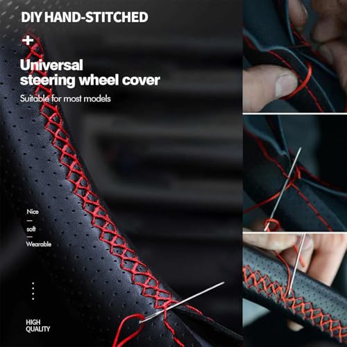 Image of Leather 25CM Universal Fit Car Steering Wheel Cover, Elastic Breathable and Odorless (Black-7)