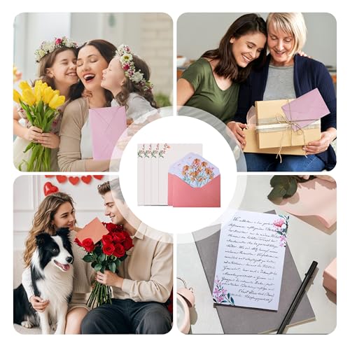 Megcdtr Briefpapier mit Umschlag Set, 36 Stück Briefumschlag Briefpapier Set, 24 Schreibpapier mit 12 Umschläge, Briefpapier-Set für Büro Zuhause Schule Geburtstag Einladungen (6 Styles)