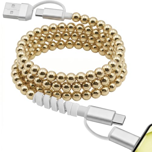 Atsidexa 4-in-1 Beaded Charging Cable MFi Certified Works with CarPlay 3.3FT 60W Fast Charger Cord for iPhone 17/16/15/14/13/12/11 iPad Samsung Android and More (Mirror Gold)