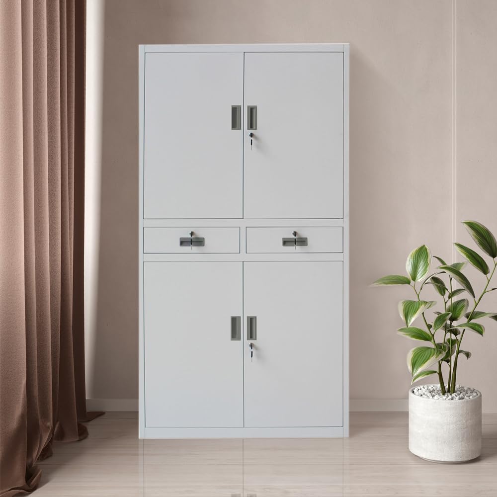 Panana Armoire de Bureau Métallique avec Serrure, Armoire de Rangement avec 2 Tiroirs 4 Portes 3 Étagères Réglables en Hauteur pour Travail, Bureau à Domicile, 80 x 40 x 180 cm