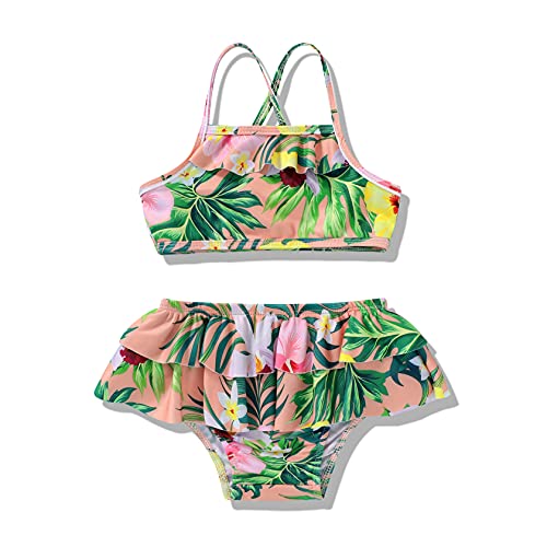 Infant Toddler 2pcs Bathing Suit Set Halter Bikini Swimsuit Ruffles Floral Print Swimwear Quick Dry Bathing Suit Beachwear (Orange, 2-3 Years, 2_Years)