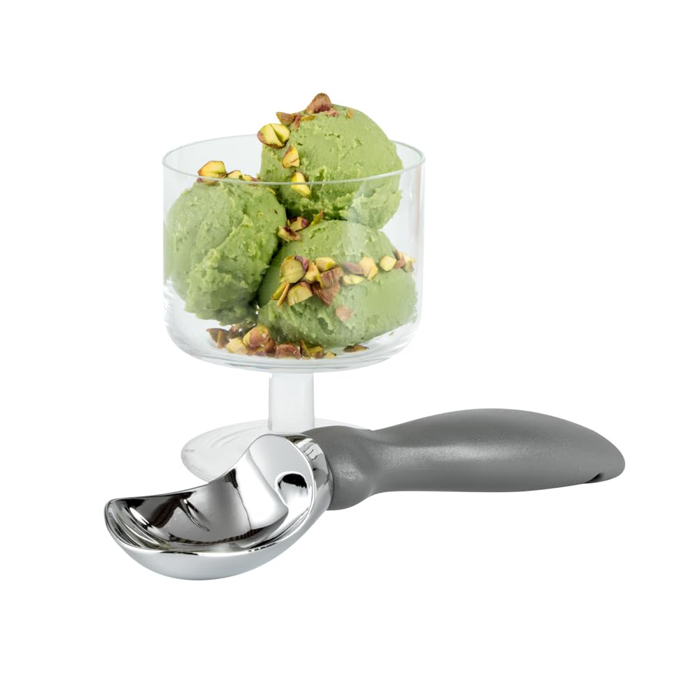 Restaurantware Comfy Grip 7.9 x 2 Inch Kitchen Ice Cream Scoop 1 Heavy-Duty Ice Cream Disher - Ergonomic PP Handle Dishwashable Gray Metal Ice Cream Spade With Lid Opener Notch Multi-Use