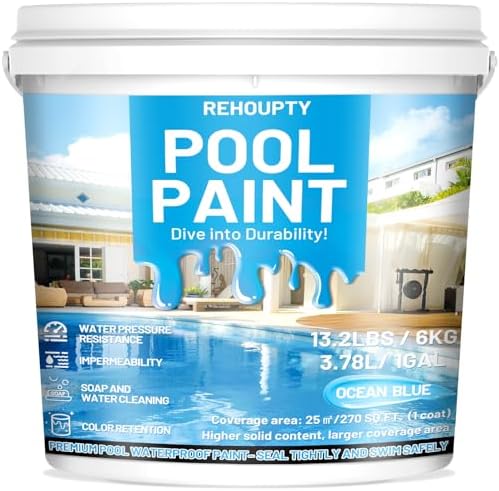 Pool Paint Ocean Blue 211oz, Durability Water-Based Acrylic Resin Concrete Pool Paint, Quick-drying Waterproof Coating for Underground Aboveground Cement Pond, Water Parks, Fiberglass Stock Tank 1 Gal