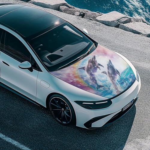 Image of Dolphin Rainbow Print Car Hood Cover Weather-Resistant Automotive Hood Covers Elastic Fabrics Car Bonnet Banner Outdoor Indoor Foldable Protective Cover