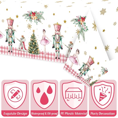 Image of 3 Packs Nutcracker Plastic Tablecloth Decorations, Pink Plaid Nutcracker Christmas Tree Disposable Waterproof Table Covers, Nutcracker Soldier Tablecloth for Dining Table Party Supplies