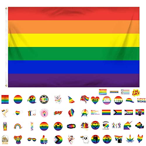 GoldRock LGBTQ Flagge Pride Flag Sticker Set, Regenbogen Flagge 150x90 cm+50 Stück LGBTQ Sticker, Progress Pride Flagge, Lesbian Flag, Gay Flag,Regenbogenfahne, Regenbogenflagge mit 2 Messingösen